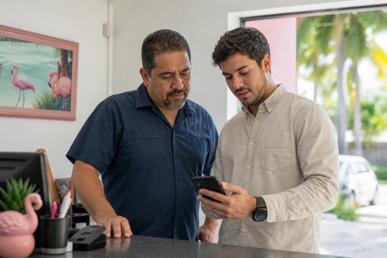 A business owner reviewing their published listing with a Flamingo List representative